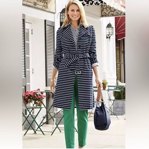 Talbots Navy White Stripe Trench size Medium Belted - Picture 1 of 10